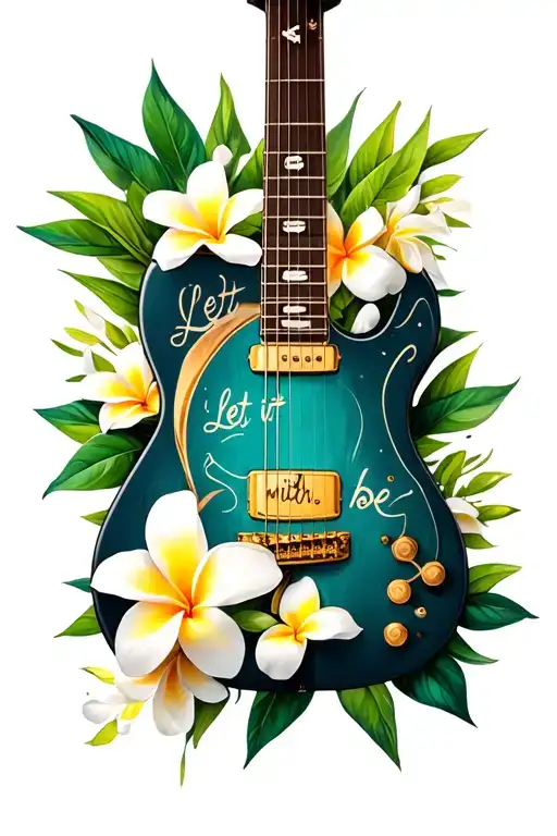 Base Guitar With Plumerias And Green Leafs And The Words Let It Be With A Cross