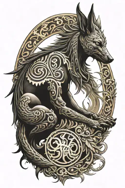 Anubis Mixed With Yin Yang Symbol And Phoenix