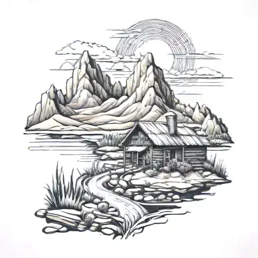Mountain With A River Cabin And Cornfield Abyss