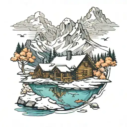 Mountain With A River Cabin Covered In Snow