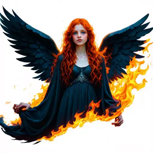 Red -Haired Girl With Angel Wings In Fire