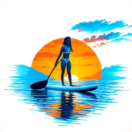 Female Paddleboarder With Sunset Beach
