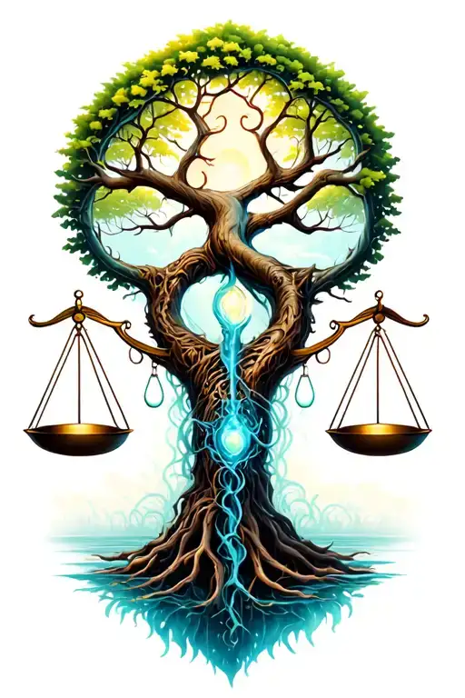Tree Of Life Intertwined With Libra Scale And V-twin Engine