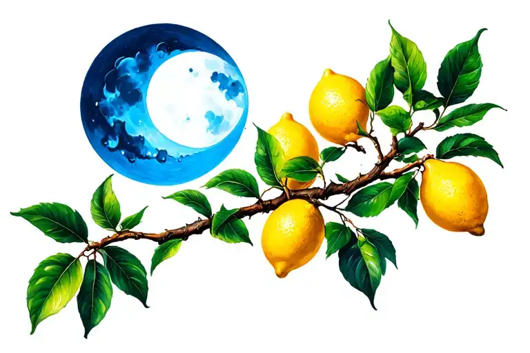 Blue Crescent Moon And A Lemon Tree Branch