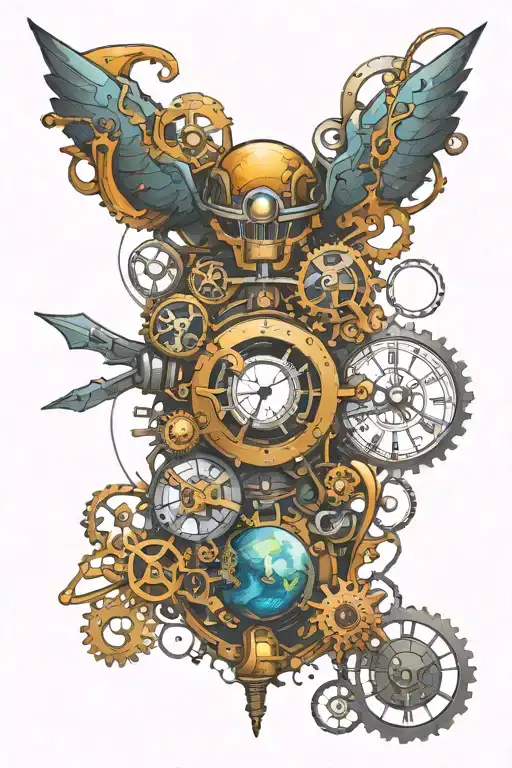 Steampunk Themed Space Tattoo With Dark Background And Vibrant Colors
