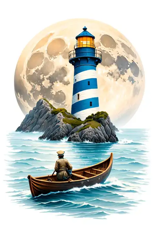 Sailor Approaching Light House On Row Boat With Moon