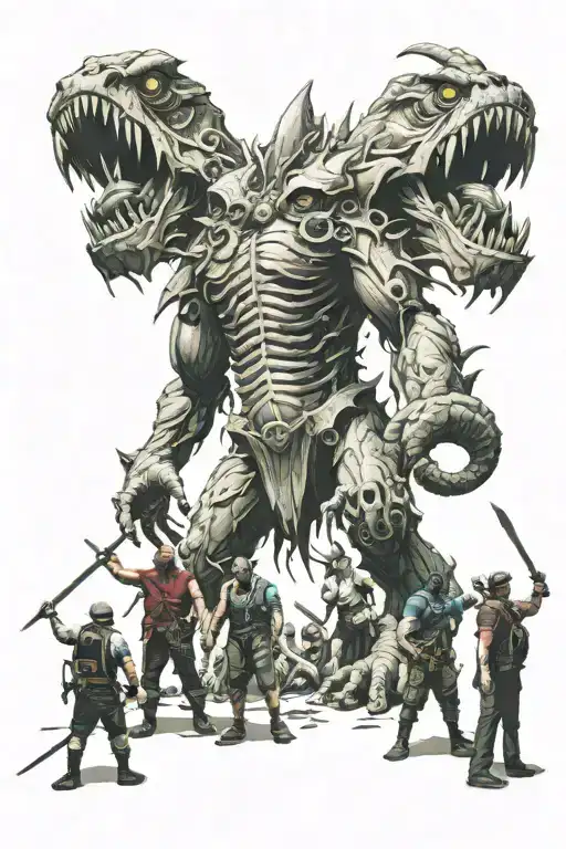 Fantasy Adventure Group Standing In Front Of A Giant Monster Ready To Fight