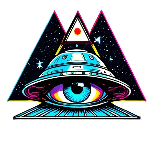 A Detailed But Simple Tattoo Design Featuring A Ufo And Illuminati Eye In 3D Anaglyph Style
