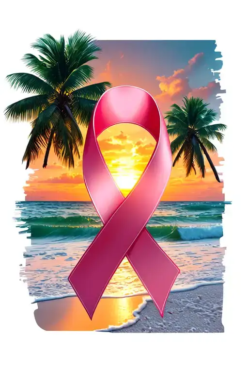 Breast Cancer Ribbon With Sunrise On The Beach