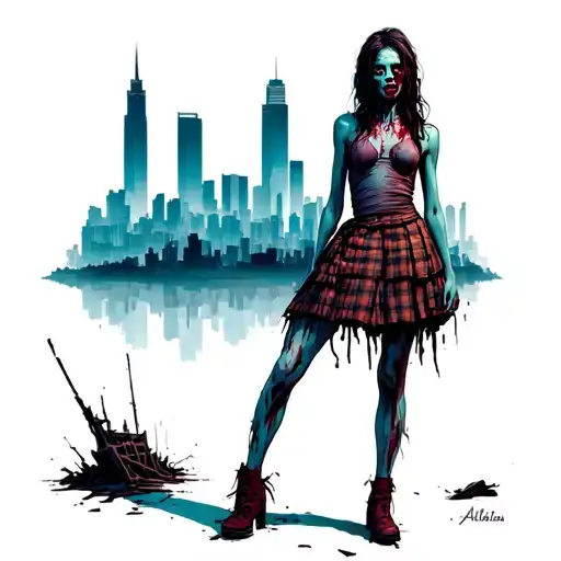 Pretty Zombie Woman Wearing Plaid Skirt With Destroyed Atlanta City In Background