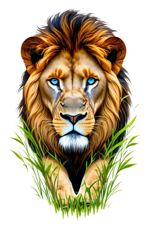 Realistic Lion With Blue Eyes Around Nature Grass & Trees