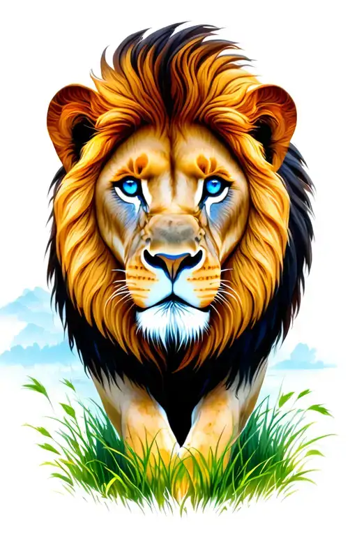 Realistic Lion With Blue Eyes Around Nature Grass & Trees