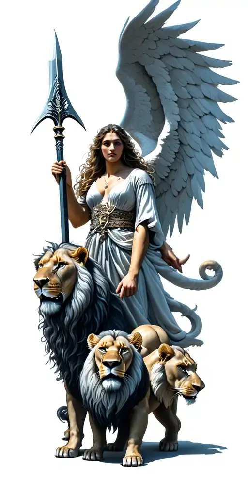 Angel Gabrie With A Spear Defeating Evil And Protecting A Family Of Three Lions