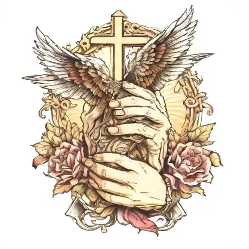 Praying Hands W Cross And Flowers