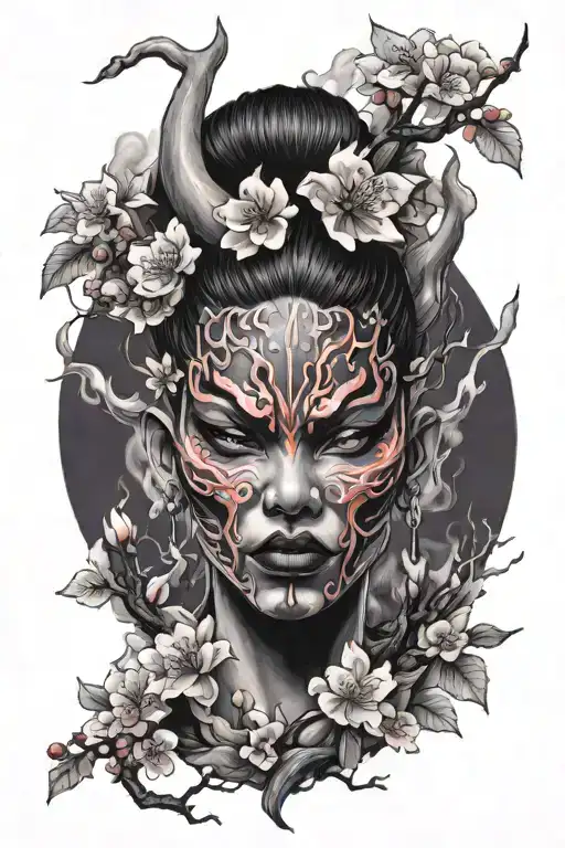 Oni Mask On The Head Of A Girl Surrounded By Smoke And Cherry Blossoms