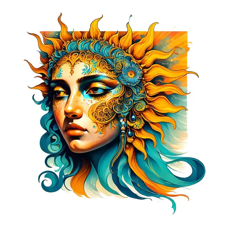 On A Foot Sun With A Face That Goes Up The Calf With Beautiful Designs