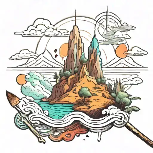 Incorporate A Paintbrush And Palette Into A Surreal Landscape Scene