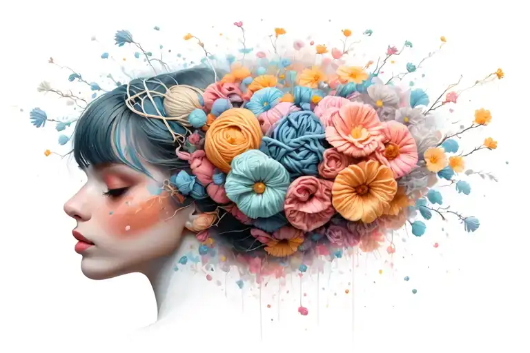 Female Face With Yarn Exploding From Head With Flowers Surrounding