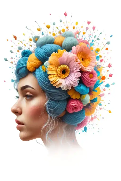 Female Face With Yarn Exploding From Head With Flowers Surrounding