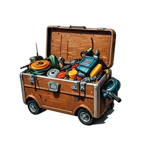 A Mechanic's Toolbox Overflowing With Camping Equipment And Fishing Gear