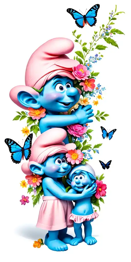 Mama Smurf And Baby Boy Smurf With Flowers And Butterflies