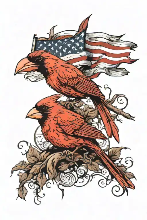 American Flag And Cardinal Bird
