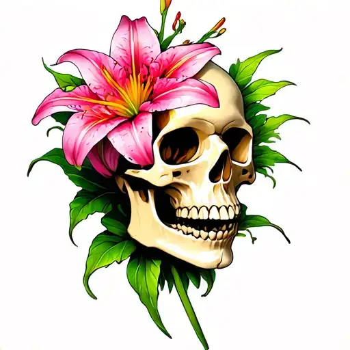 Skull And Pink Lilly Sun Flower Intertwined