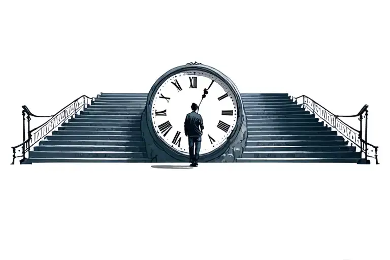 Boy Walking Up Stair Case To Clock Face