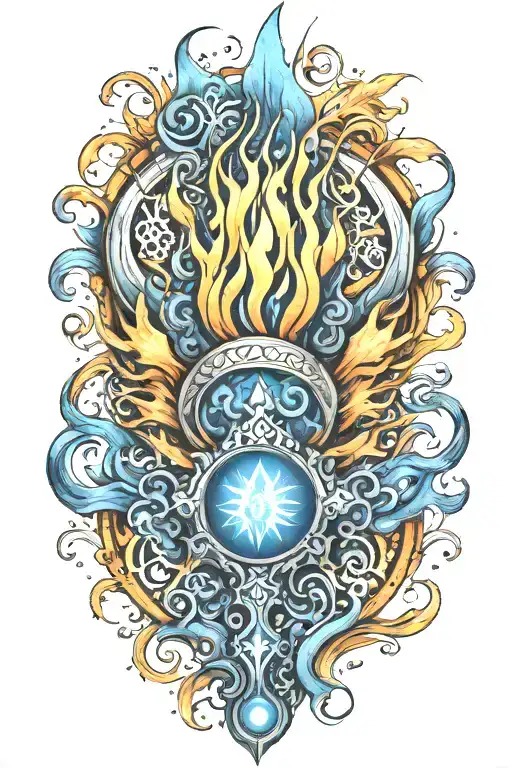 Blue Flame Forearm Tattoo With Gayetri Mantra