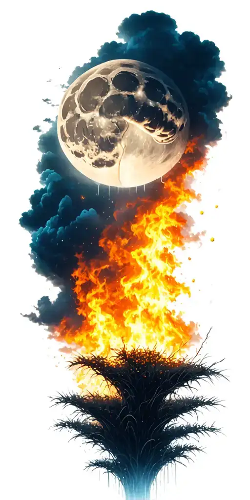 Moon In Sky With Brain-shaped Cloud Raining Water Onto Smoldering Grass Fire