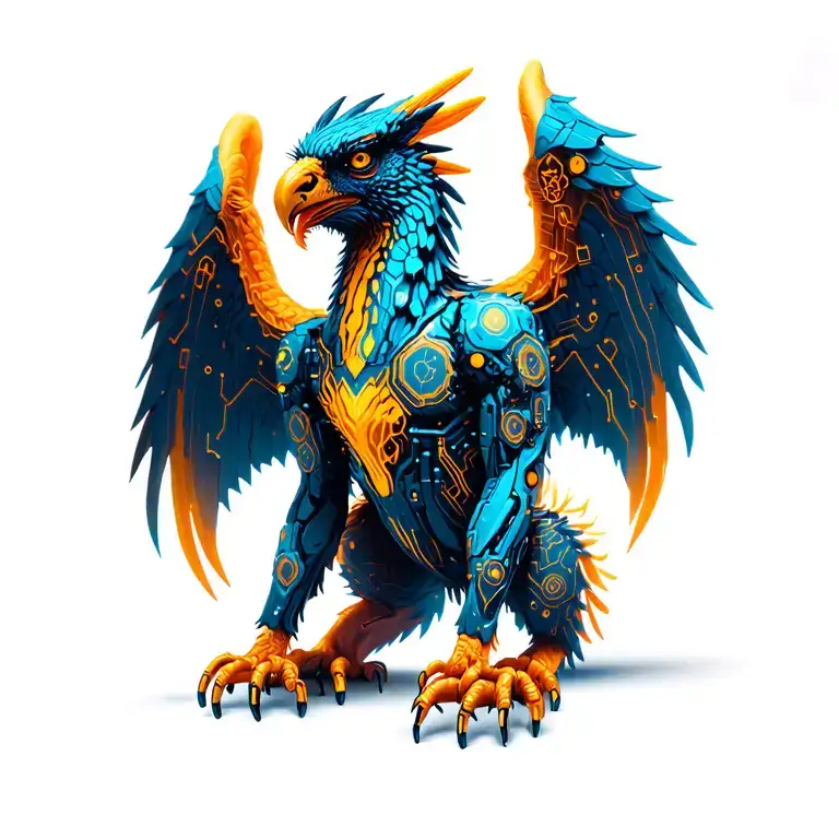 Full Body Cyber Griffin Featuring Cyber Circuits Patterns And Scientific Symbols