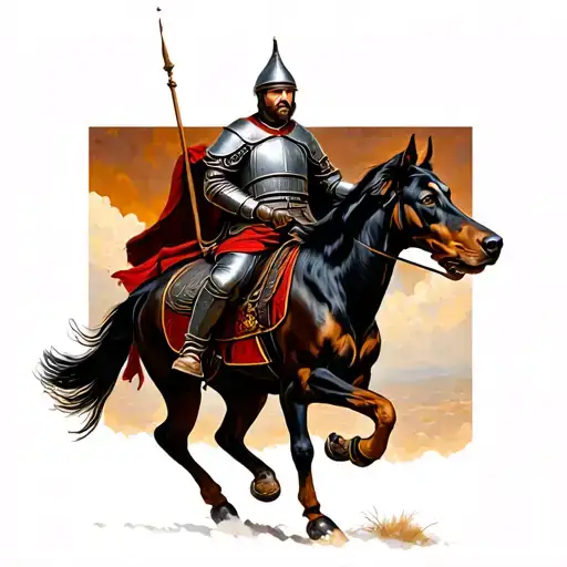 Medieval Knight Riding A Horse With A Strong Doberman