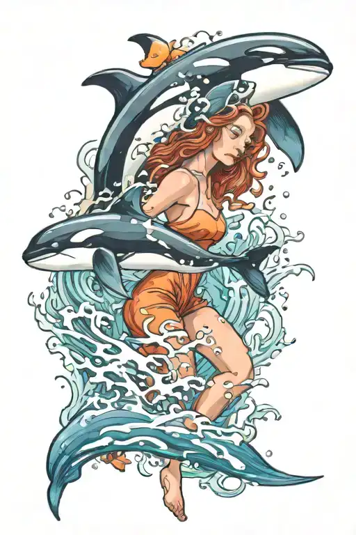 Orca With Girl Under Water Waves