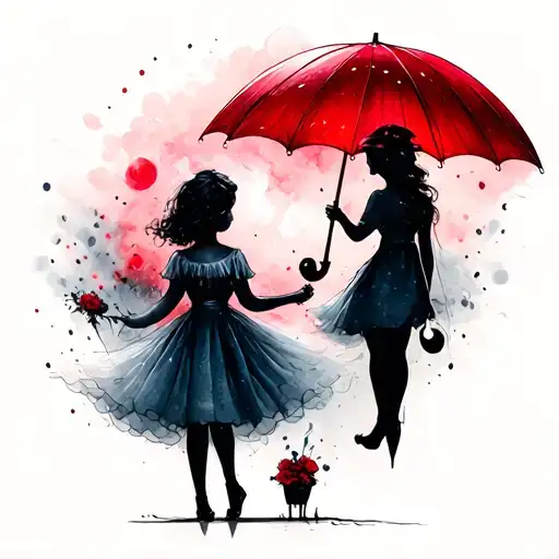 Small Tattoo With Mother And Midage Daughter With A Red Umbrella
