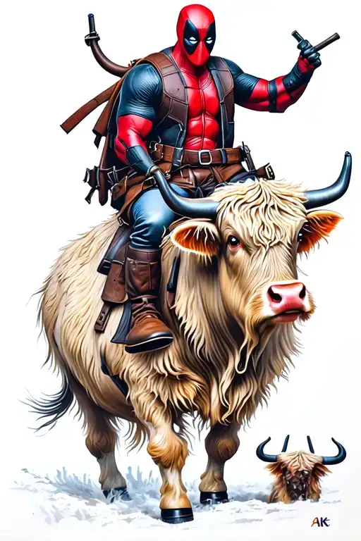 Deadpool Riding A Highland Cow