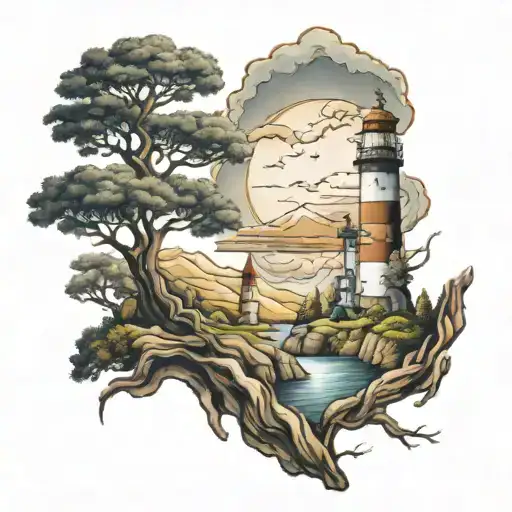 Oak Tree Intertwined With Lighthouse Water Mountains