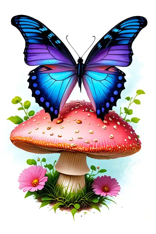 Blue And Purple Butterfly Ontop Of A Pink Mushroom
