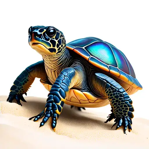 Realistic Baby Sea Turtle Hatchling Walking In Sand Iridescent