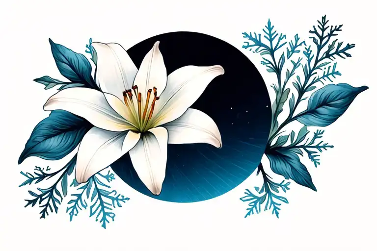 Rising Sun Snowflake And A Lily Flower