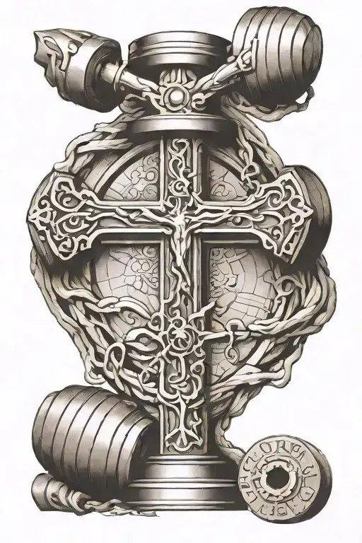 Cross Tattoo Design Incorporating Lifting Weights