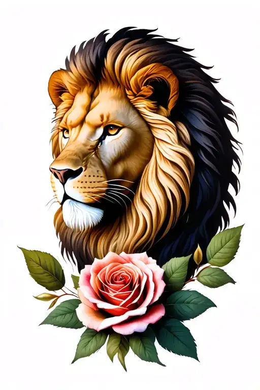 Lion Head With Back To A Small Rose Intertwined On A Small Wrist