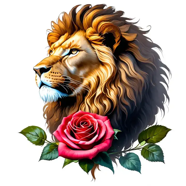 Lion Head With Back To A Small Rose Intertwined On A Small Wrist