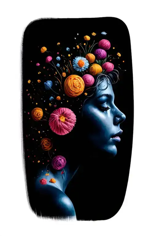Woman Face Side Profile With Yarn Exploding Out Of Top Of Head Surrounded By Flowers