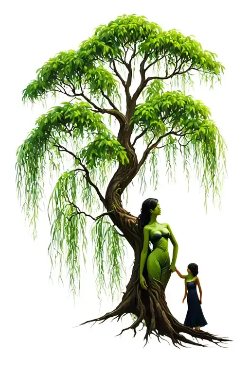 Make A Weeping Willow Tree With Long Leaves With A Mother And Daughter Body Outline As The Trunk