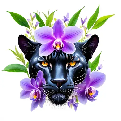Black Panther With Purple Orchids Intertwined
