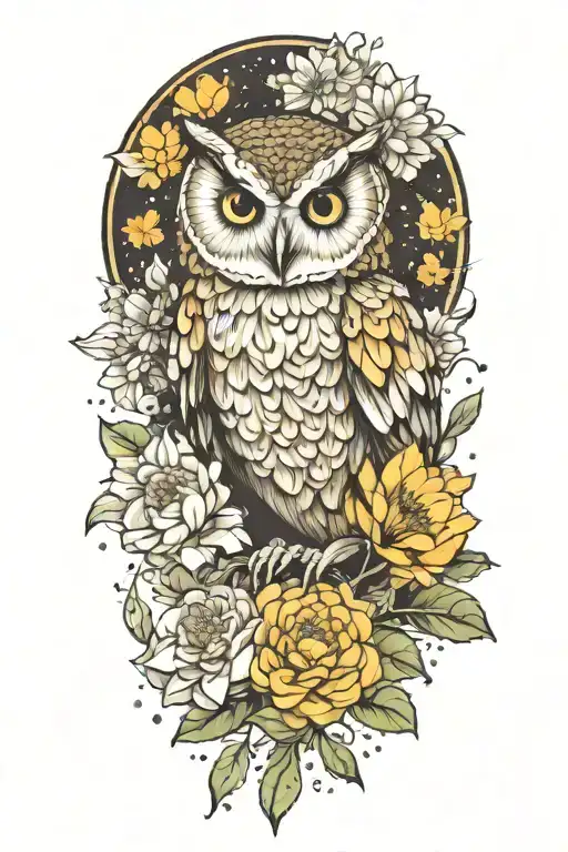 Owl With A Chrysanthemum And Starry Background