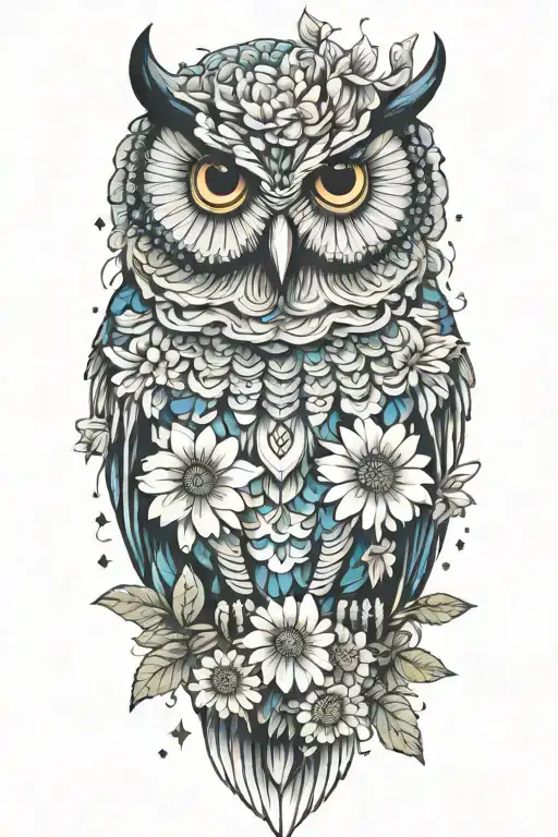 Colorful Owl With A Chrysanthemum And Starry Background