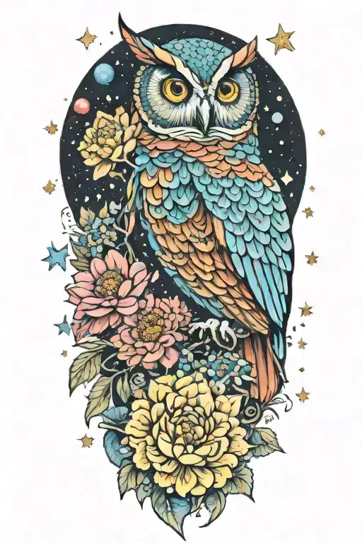 Colorful Owl With A Chrysanthemum Flower And Starry Background That Has Planets And Rockets
