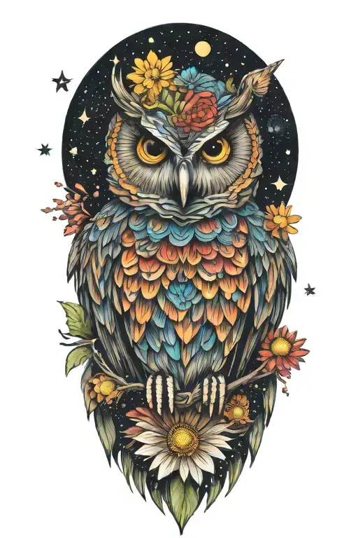 Colorful Owl With A Chrysanthemum Flower And Starry Background That Has Planets And Rockets