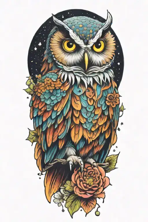 Colorful Owl With A Chrysanthemum Flower And Starry Background That Has Planets And Rockets